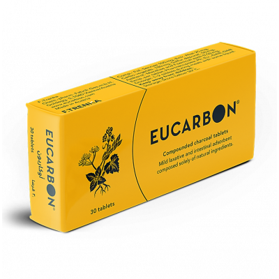 EUCARBON ® ( Senna leaves 105 mg + Rhubarb root extract 25 mg + Vegetable carbon 180 mg + Purified sulfur 50 mg ) 30 Tablets